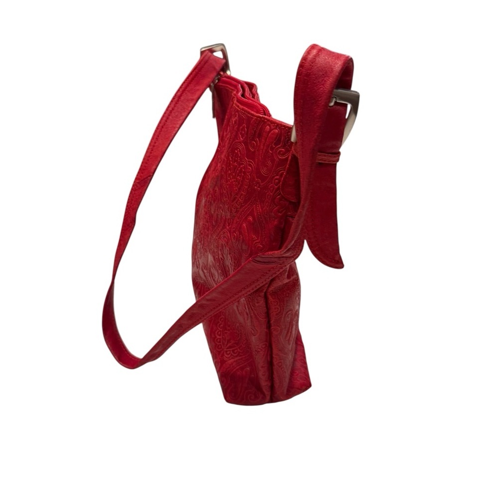 Genuine Leather Red Embossed Paisley Style Shoulder Bag with Adjustable Straps - Picture 5 of 15